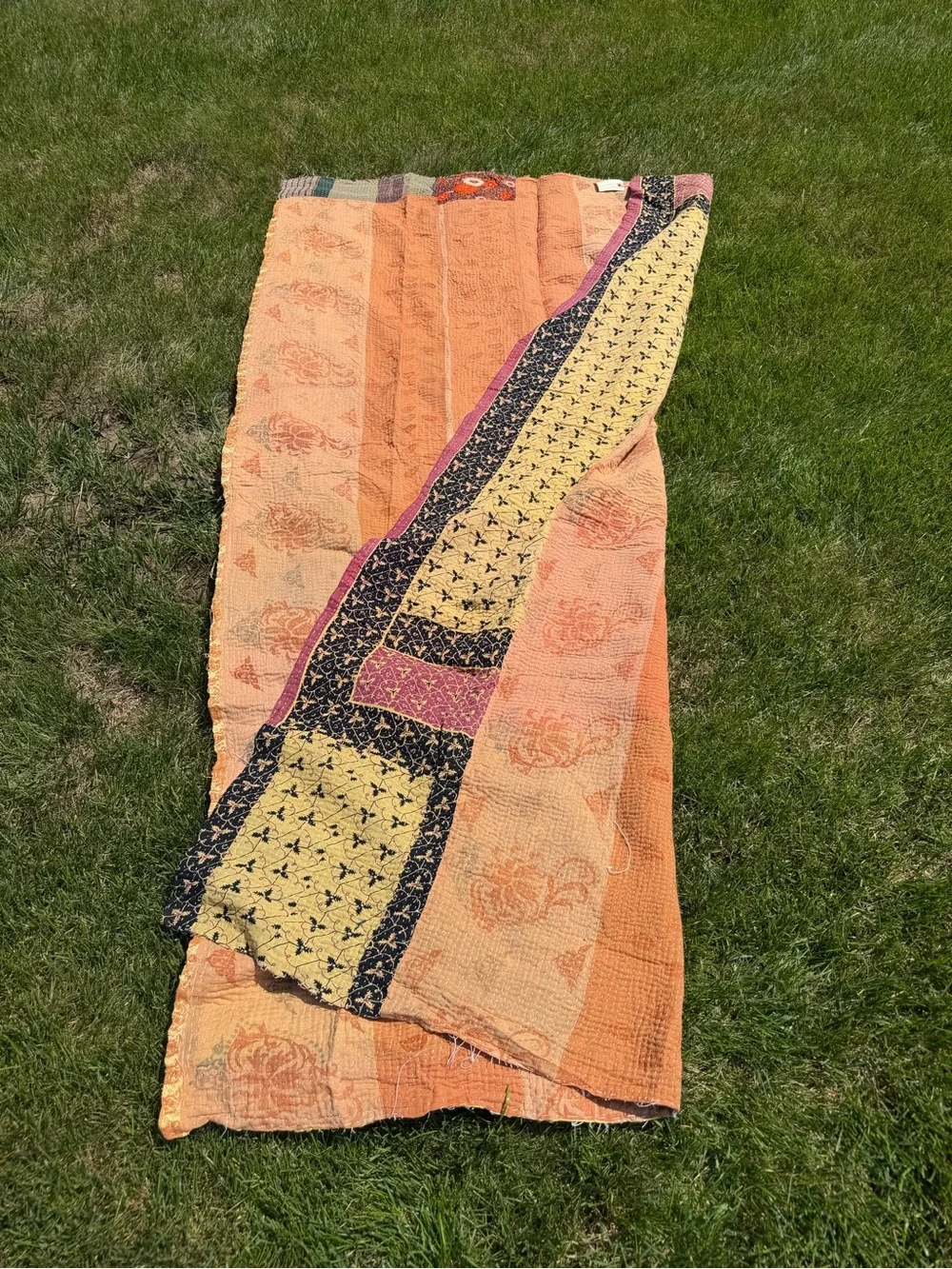 Vintage Hand-Stitched Kantha Quilt India Twin Bedspread Patchwork Floral